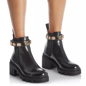 Gucci Trip Embellished Lug Sole Block Heel Chelsea Ankle Boots EU 38 US 7.5